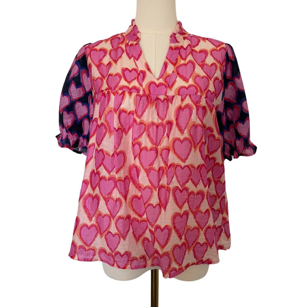 THML (S) Pink Heart Print Puff Sleeve Babydoll Blouse Colorblock Romantic